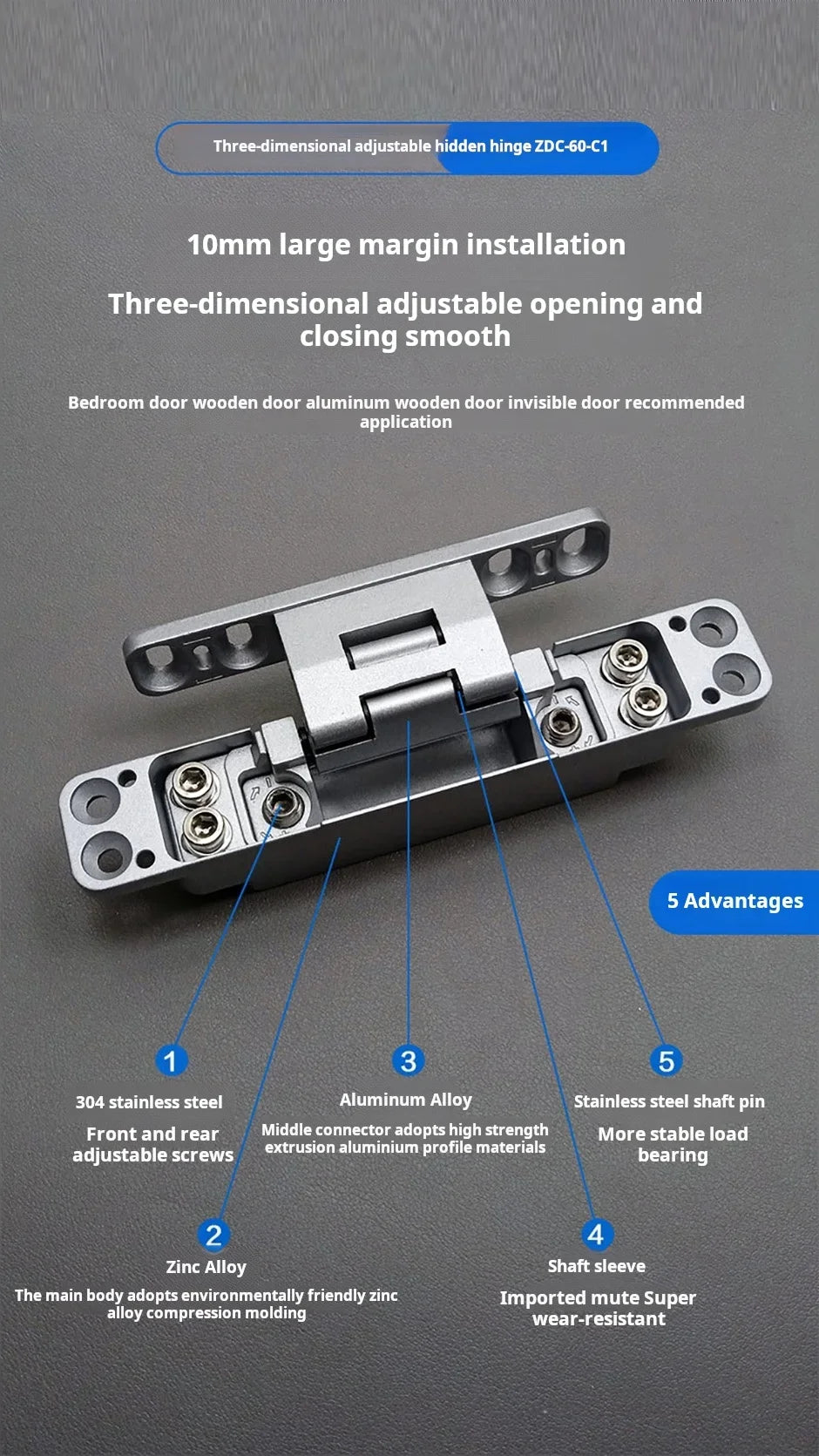 Concealed 3D Adjustable Hinge Page Single-sided Non Slotted Invisible Door Aluminum Wooden Door With Internal  External Hinges