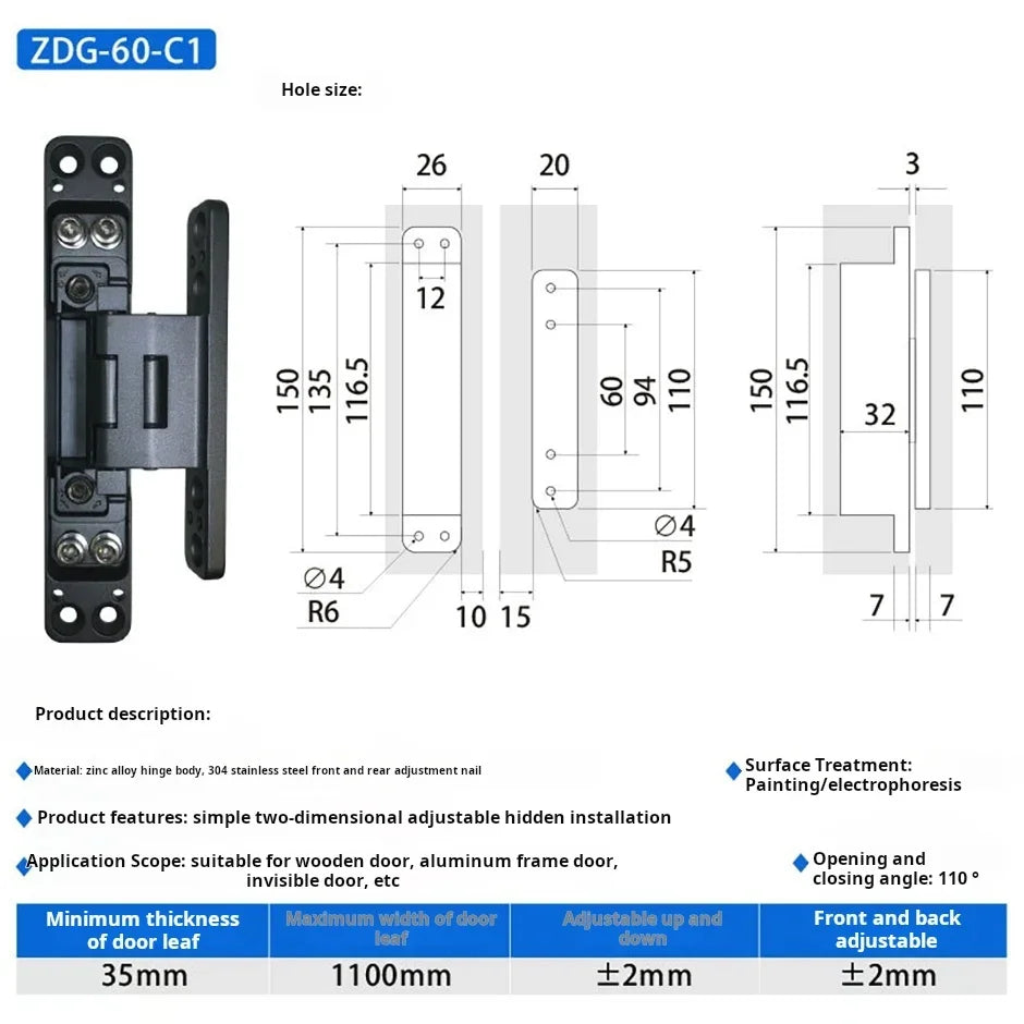 Concealed 3D Adjustable Hinge Page Single-sided Non Slotted Invisible Door Aluminum Wooden Door With Internal  External Hinges